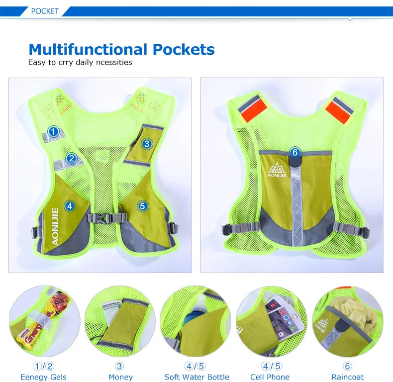 AONIJIE Reflective Night Running Vest Backpack Harness Water Bottle Trail Running Marathon Hiking Hydration Backpack Pack Bags