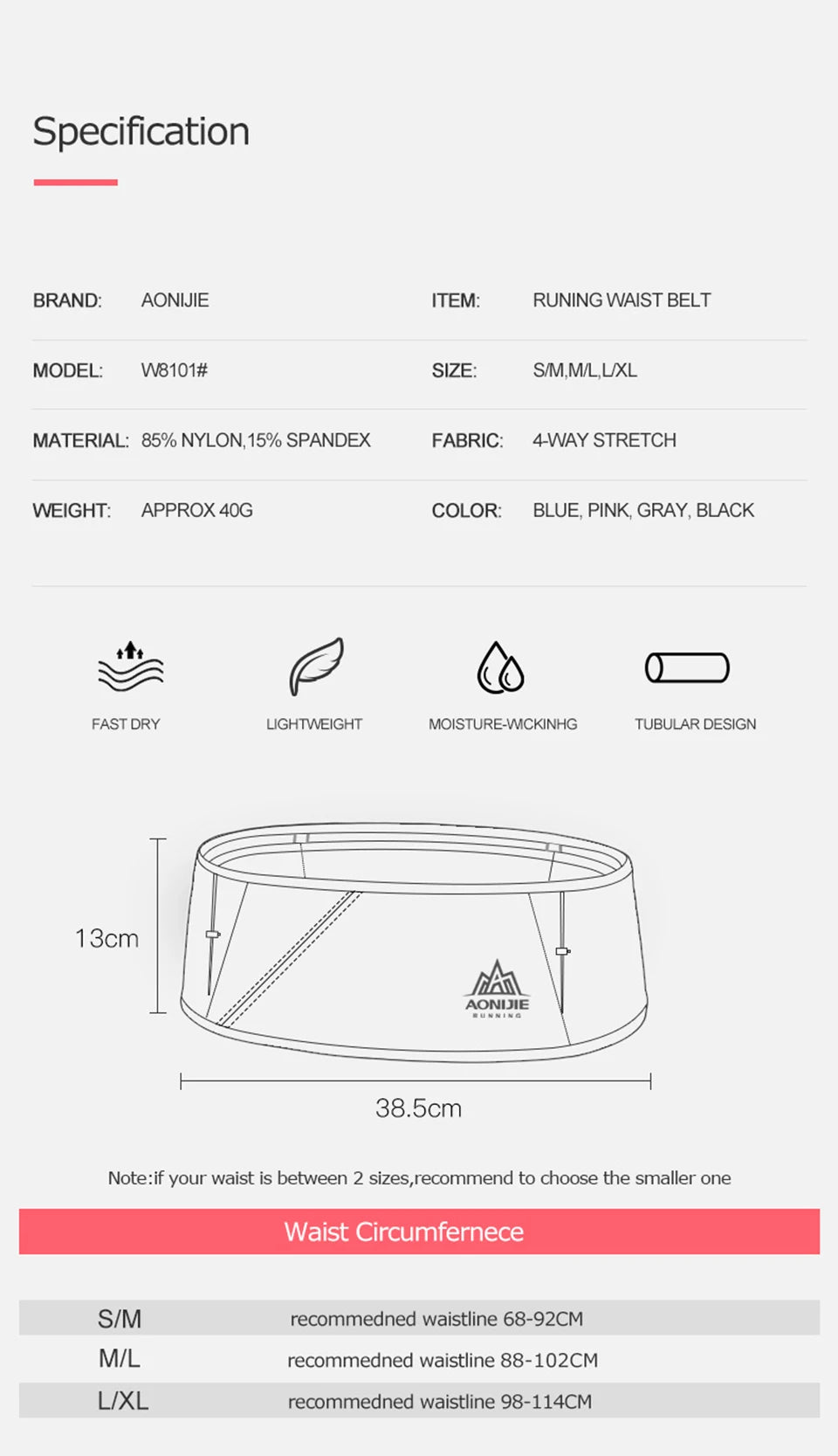 AONIJIE 4-Way Stretch Hydration Running Belt Waist Pack Travel Money Bag Trail Marathon Gym Workout Fitness Mobile Phone Holder