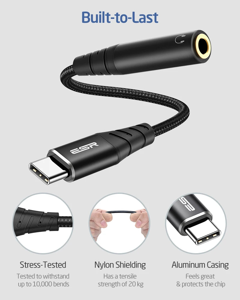 ESR USB-C to 3.5mm AUX Headphones Adapter – Audio Cable for iPad, iPhone, Samsung, and AUX Earphone Converter