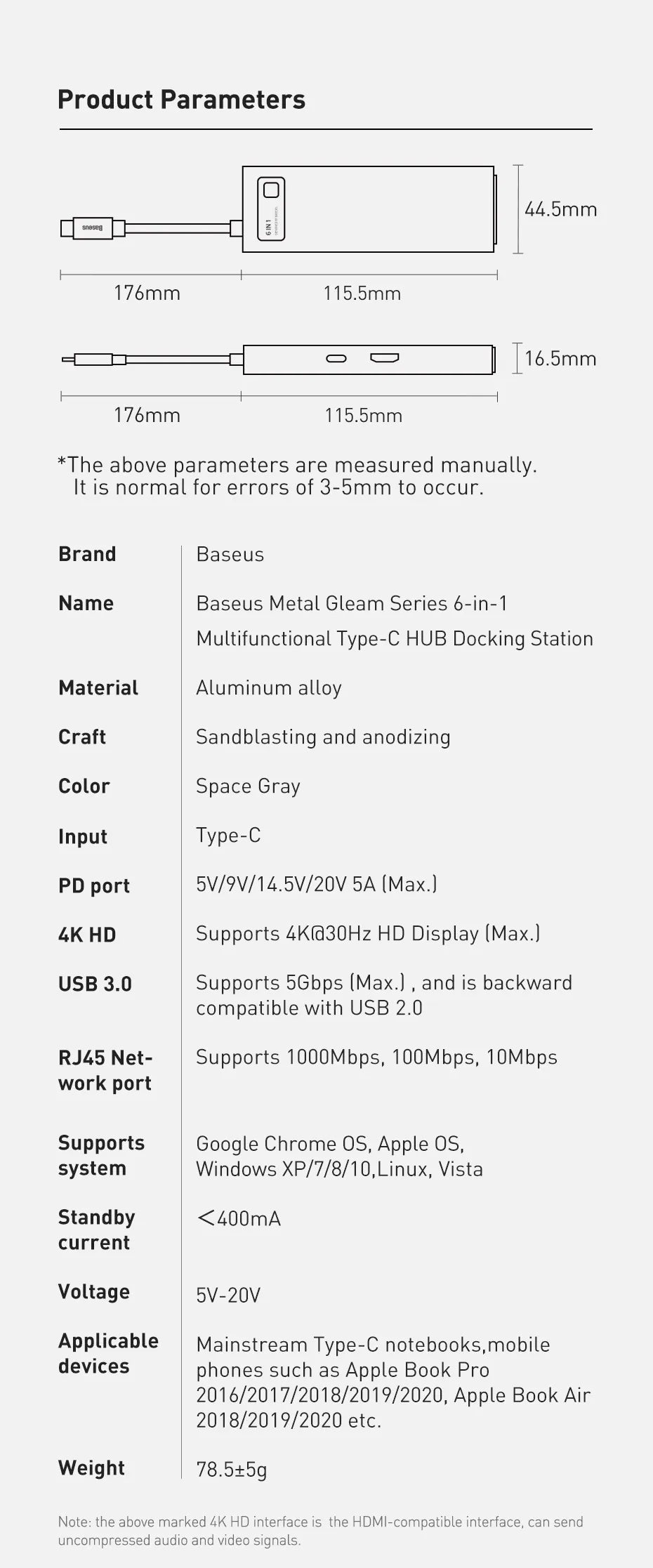 Baseus USB C HUB USB 3.0 3.0 Type C Multi HUB, Ethernet Network HUB Dock Station, Splitter