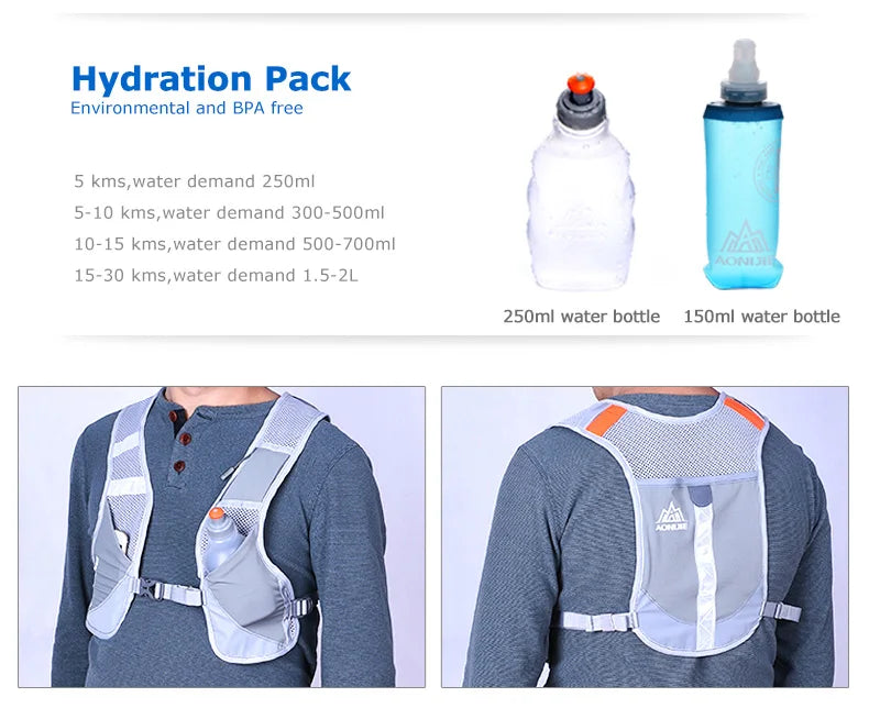 AONIJIE Reflective Night Running Vest Backpack Harness Water Bottle Trail Running Marathon Hiking Hydration Backpack Pack Bags