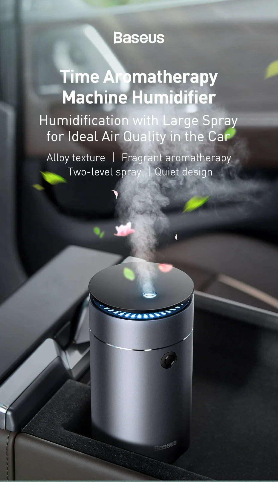 Baseus Car Air Humidifier & Purifier: Aroma Essential Oil Diffuser with Nano Disinfectant for Auto, Home, and Office