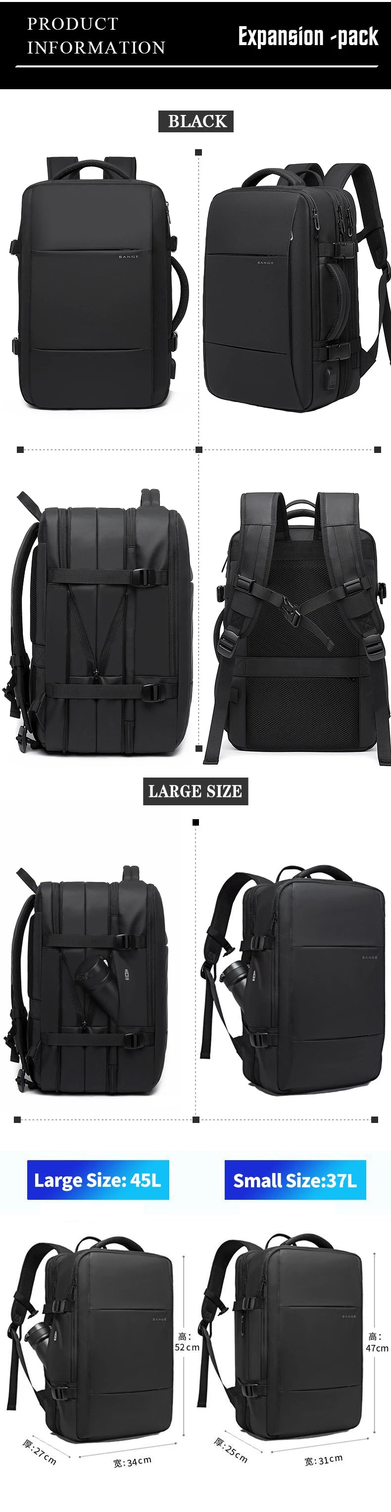 BANGE Travel Backpack Men Business Backpack School Expandable USB Bag Large Capacity 17.3 Laptop Waterproof