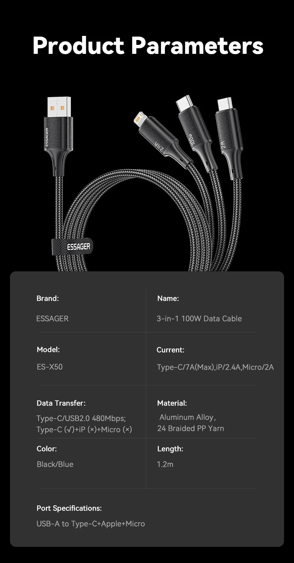 Essager 100W 7A Fast Charger Cable 3-in-1