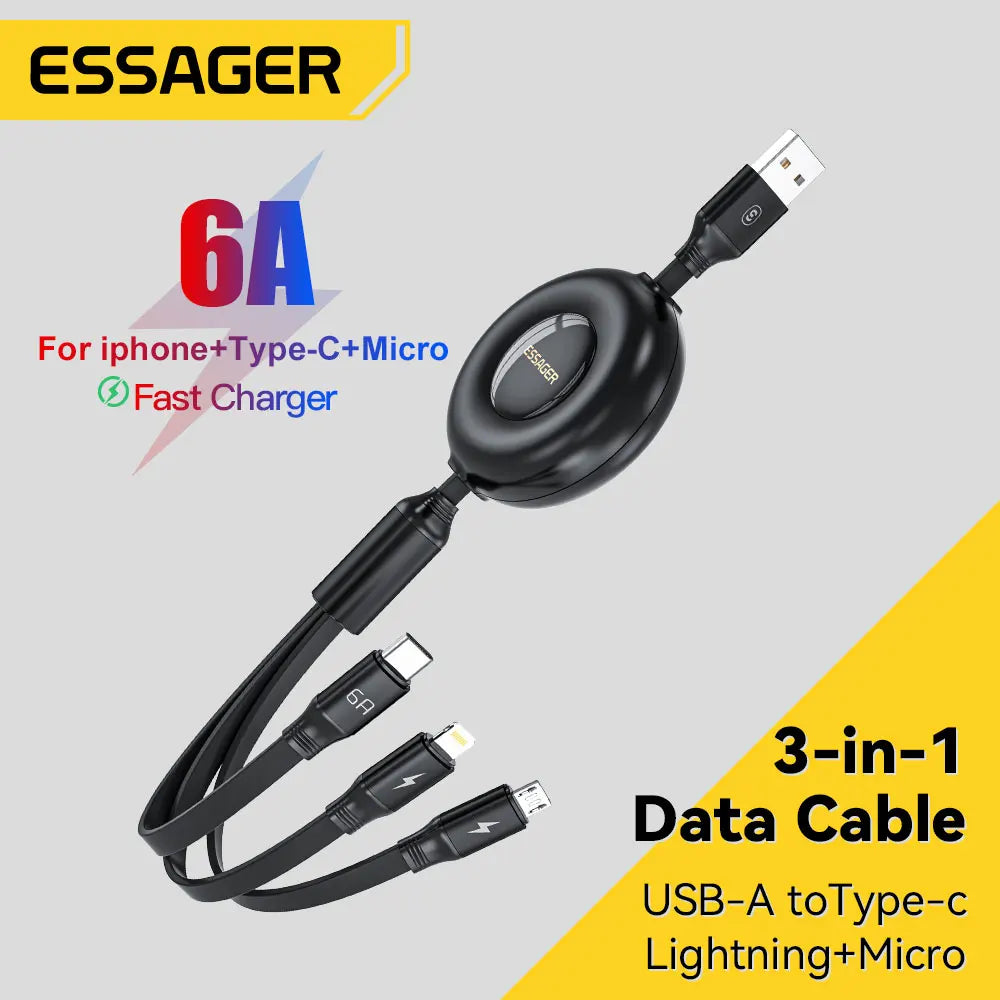 Essager Retractable 66W 3-in-1 USB Charge Cable – 6A Fast Charger Type-C Cable for Smartphones