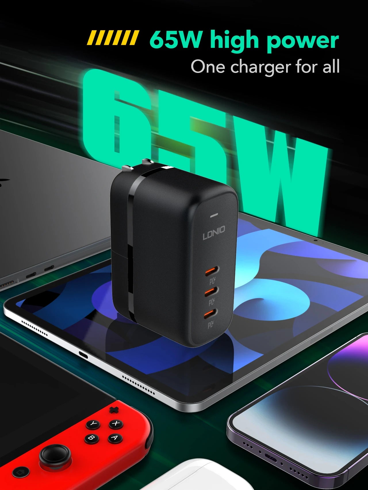 LDNIO 65W USB C Power Charger (3 Port)