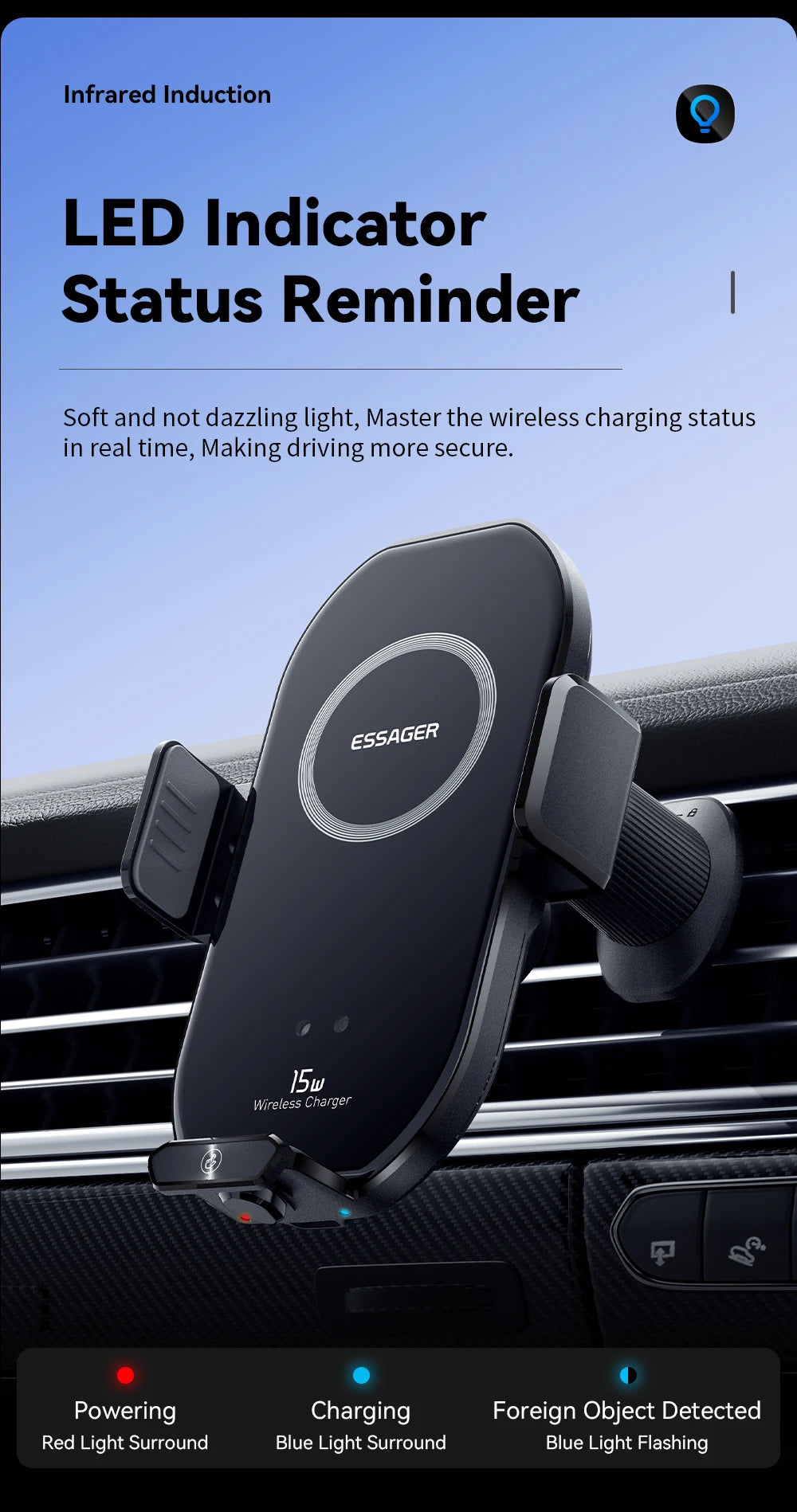 Essager 15W Qi Wireless Charger Car Phone Holder for Air Vent Mount Fast Charging for Smartphones