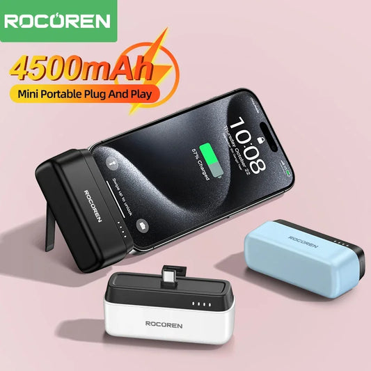 Rocoren Mini 4500mAh Power Bank with USB-C Plug – Portable External Battery & Stand for iPhone 15-16 Series, Samsung, and More