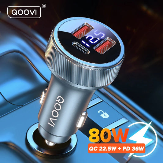 QOOVI 80W Car Charger PD USB Type-C Dual Port Fast Charging for iPhone, Xiaomi, Samsung, iPad, Laptops, Tablets, Smartphones