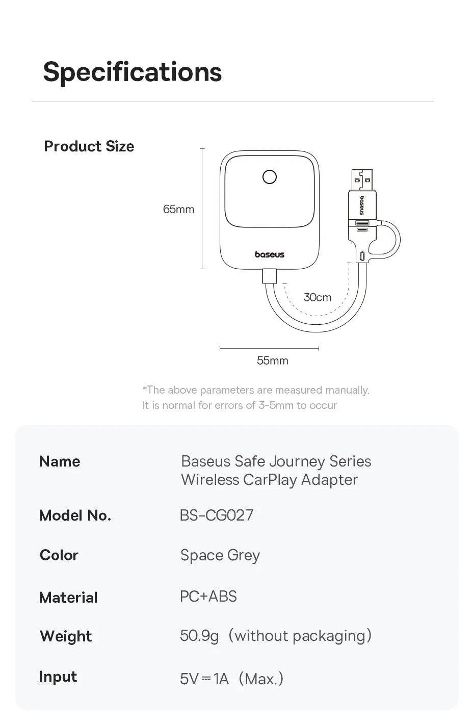 Baseus CarPlay Wireless Adapter - Smart CarPlay Box for IOS, Convert Wired to Wireless CarPlay, Plug & Play with Bluetooth & WiFi Connect Auto