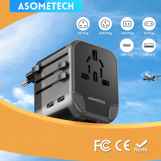 ASOMETECH 5-in-1 Universal Travel Adapter with 2 USB-C & 2 USB-A Ports, Worldwide Power Plug for USA, EU, UK, AUS