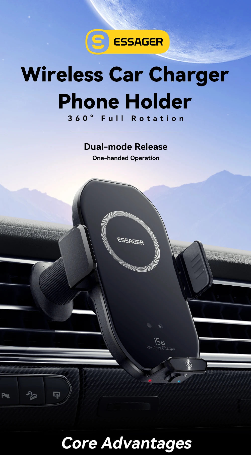 Essager 15W Qi Wireless Charger Car Phone Holder for Air Vent Mount Fast Charging for Smartphones