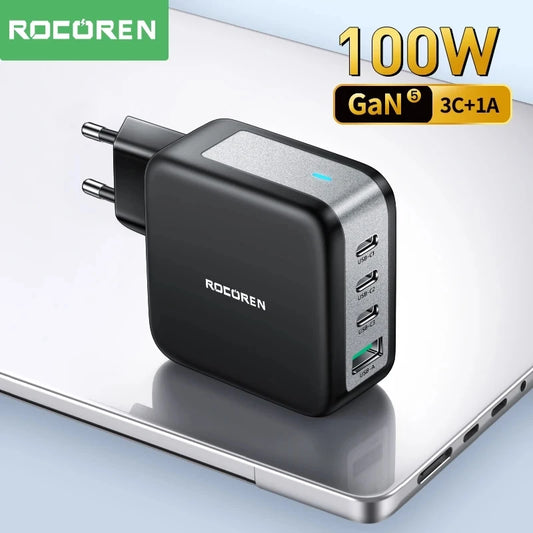 Rocoren 100W GaN USB-C Charger – PD, QC 4.0/3.0, Fast Charging for iPhone, iPad, MacBook & More