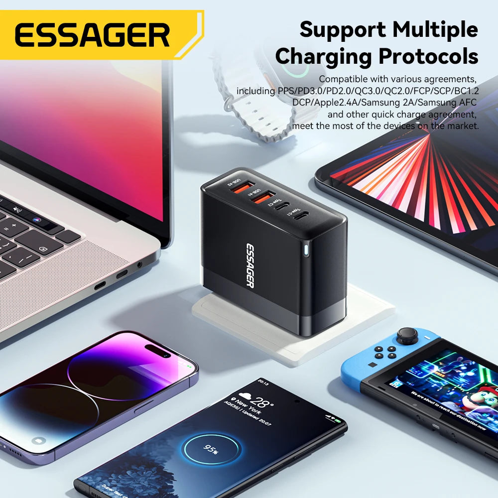 Essager 100W USB-C Charger: PD QC 4.0 & 3.0 Fast Charging for Laptops, Smartphones, Tablets