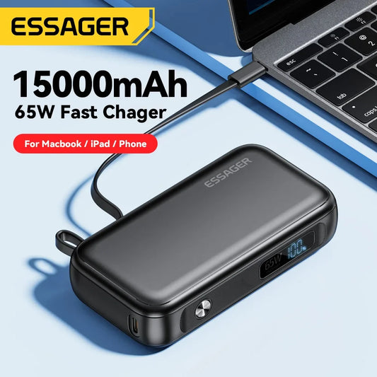 Essager Power Bank Portable 15000mAh with USB-C Cable, External Spare Battery Pack for Smartphones, Laptops, Tablets, 65W Fast Charger