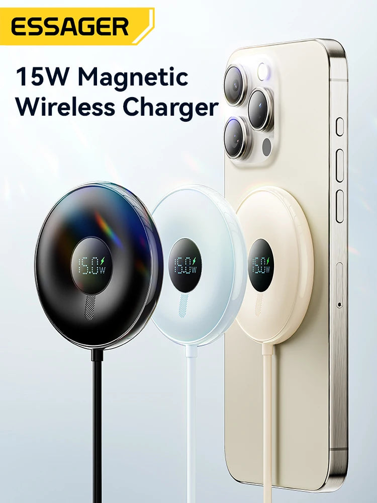 Essager 15W Magnetic Wireless Charger with Digital Display: Qi Charging Pad for iPhone 15/14 Pro & MagSafe-Compatible Devices