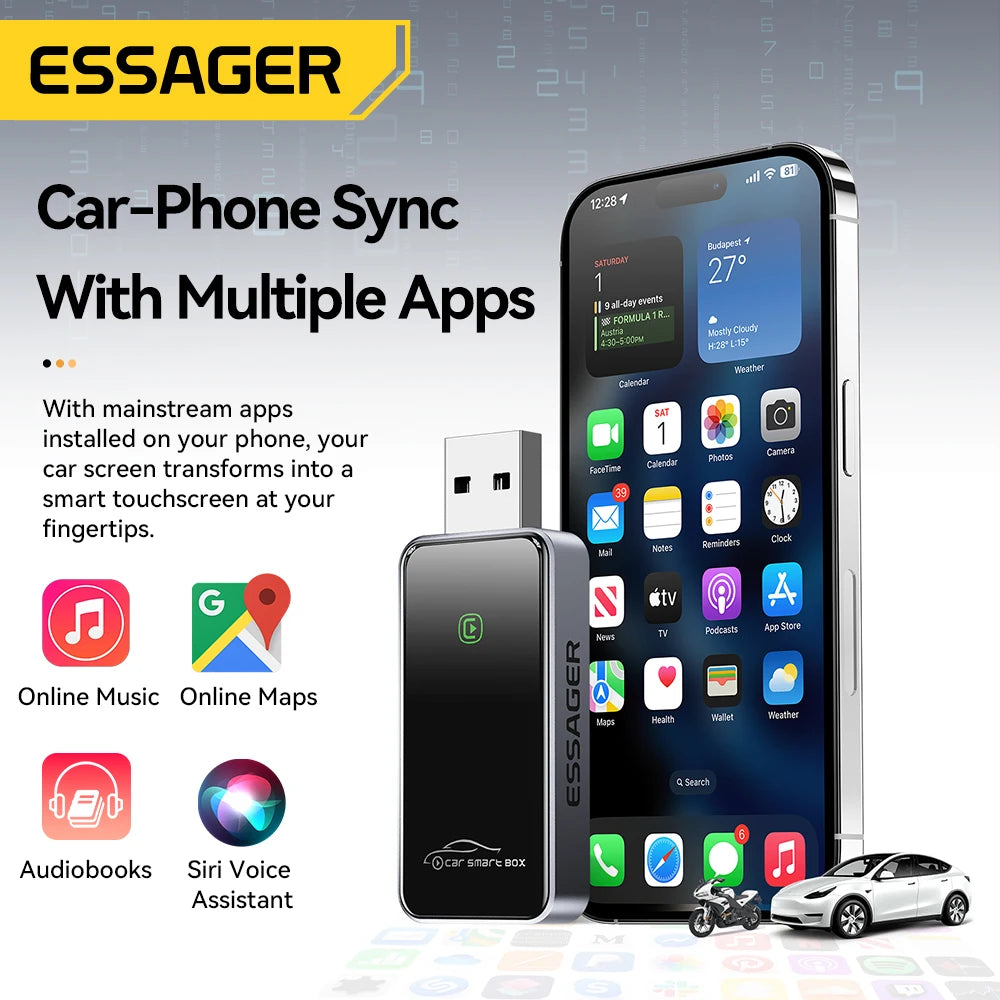 Essager USB-A Wireless CarPlay Adapter for iPhone | Wired to Wireless CarPlay Dongle | Plug and Play USB Connection for Auto Car