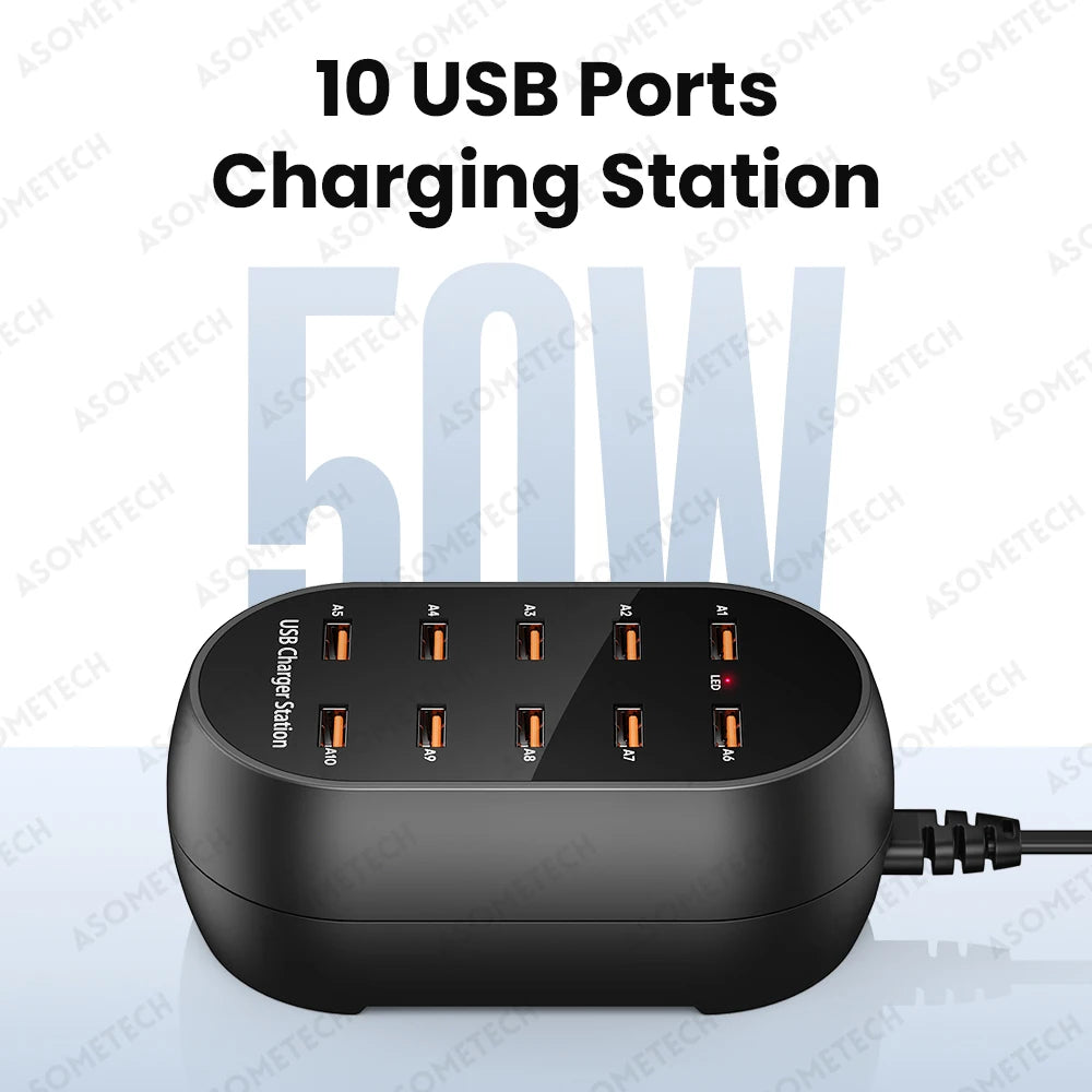 ASOMETECH 10-20 Ports Desktop USB Charger 50W/10A Multi Port Charging Station for iPhone, Samsung, Xiaomi, Tablet & Multiple Devices