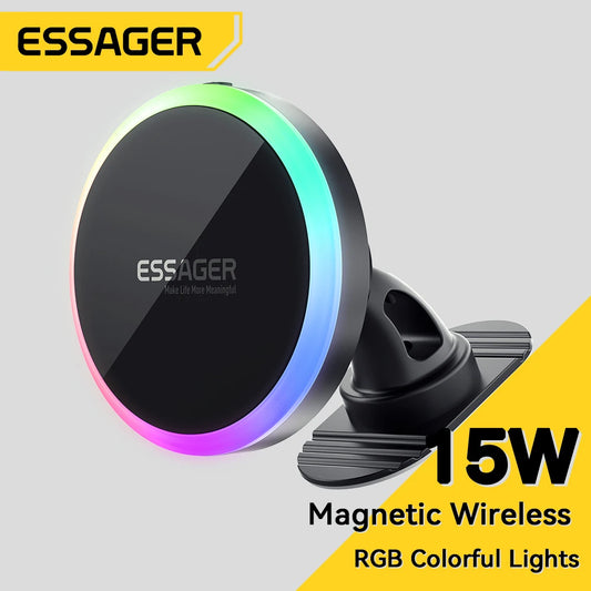 Essager RGB Magnetic Car Phone Holder Qi 15W Wireless Charger – Universal Phone Stand for Smartphones