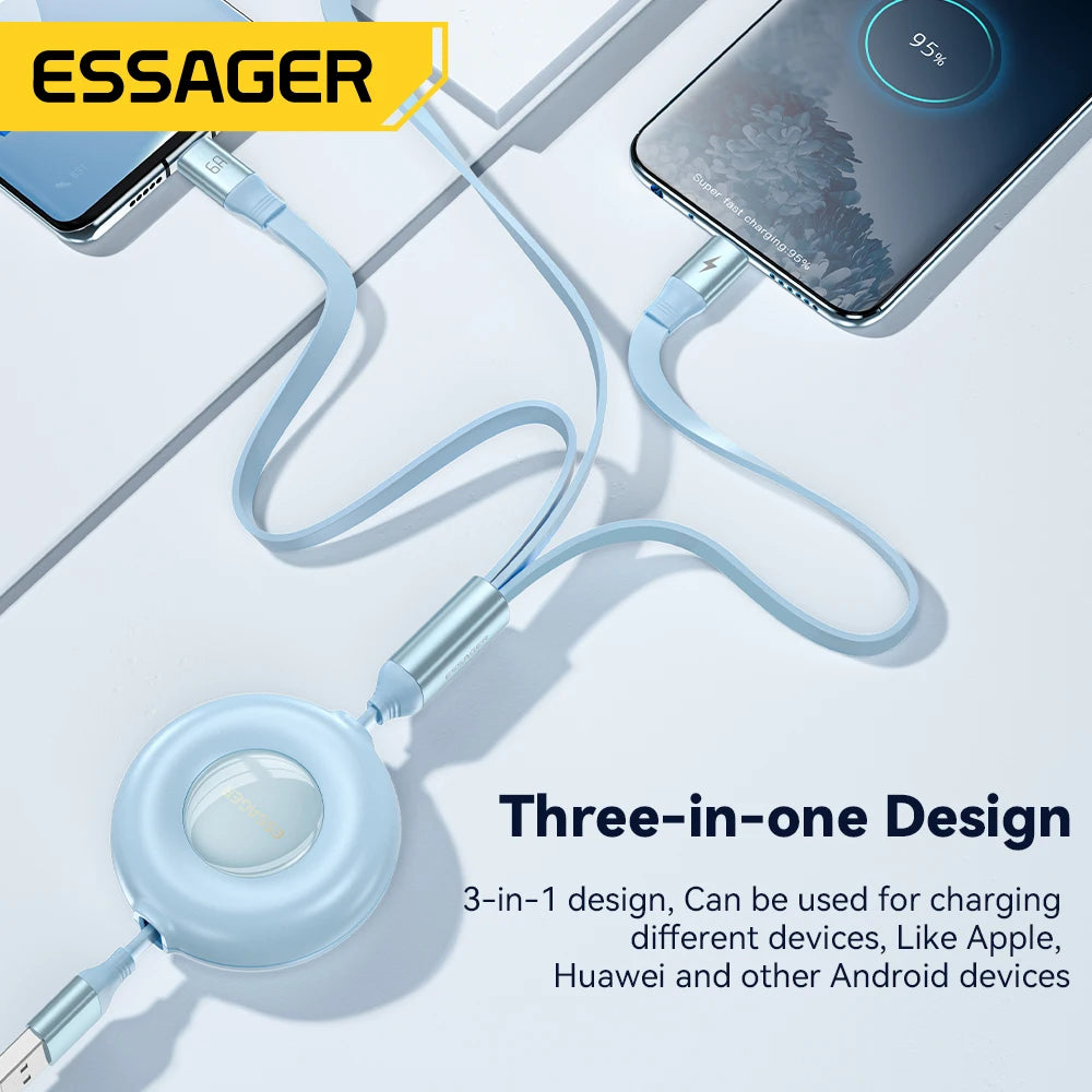 Essager Retractable 66W 3-in-1 USB Charge Cable – 6A Fast Charger Type-C Cable for Smartphones