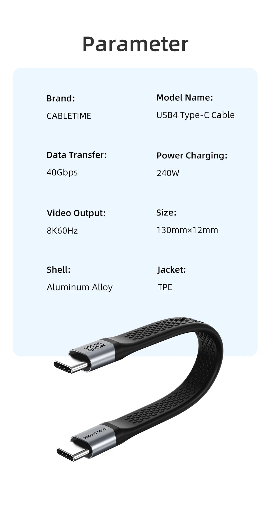 CABLETIME USB4 Type C Cable 40Gbps 8K 60Hz USB C to Type C Short Cable PD 240W for Thunderbolt 3/4 and iPhone 15/16