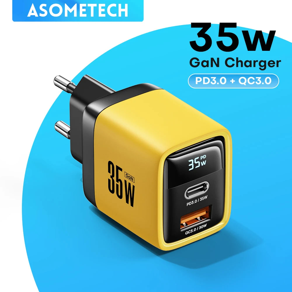 ASOMETECH 35W GaN Charger LED Display USB Charger for iPhone, Samsung, Xiaomi, iPad, Tablets, Smartphones | PD 3.0 QC 3.0 Quick Charger | USB-C Fast Charge