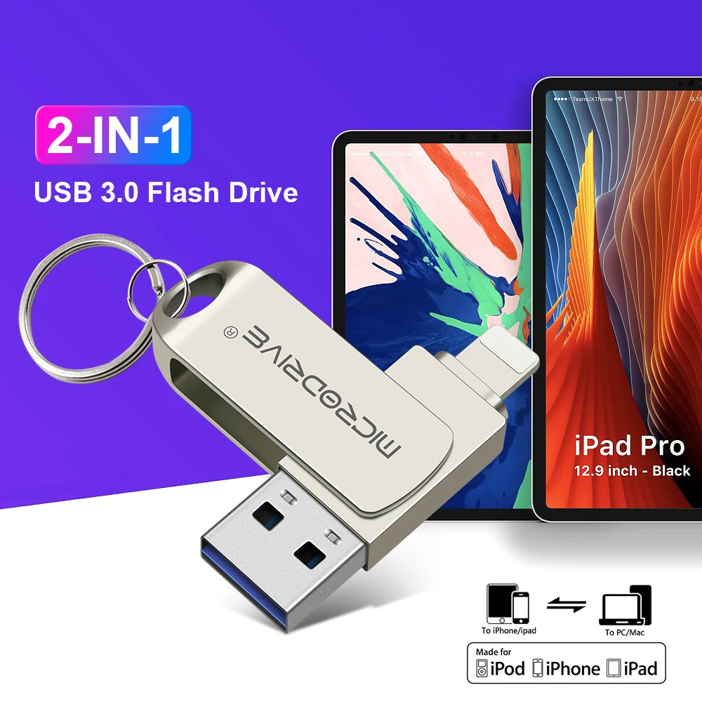 MicroDrive USB 3.0 Flash Drive for all iPhone  with Lightning USB/OTG 2 in 1 Drive for iOS External Storage