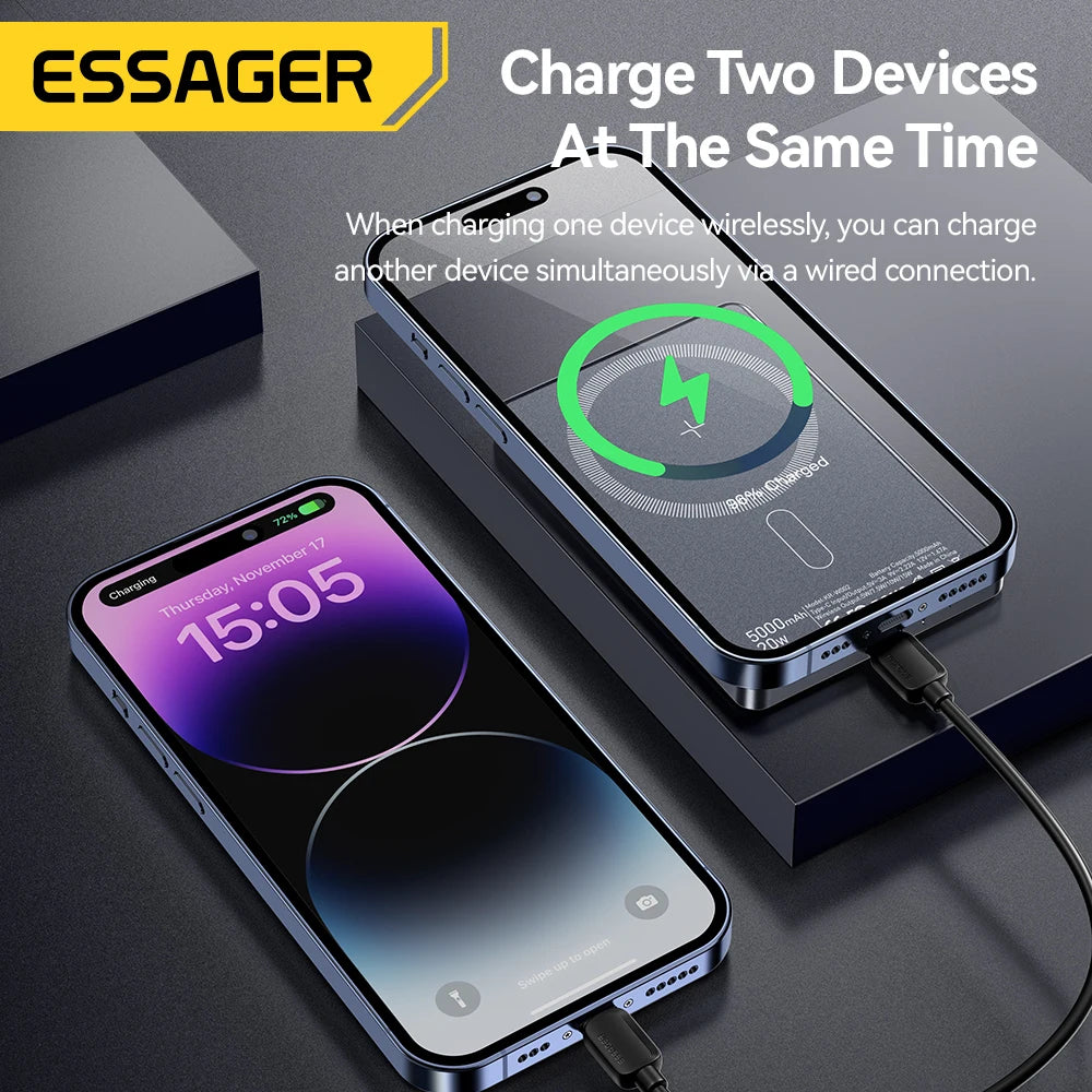 Essager Thin Magnetic 20W Wireless Power Bank: 5000mAh Portable Fast Charging External Battery for MagSafe, Compatible with iPhone 16/15/14/13/12