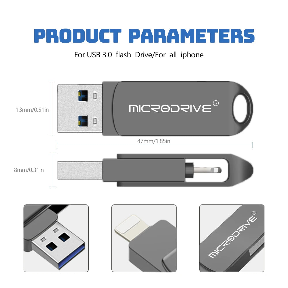 MicroDrive USB 3.0 Flash Drive for all iPhone  with Lightning USB/OTG 2 in 1 Drive for iOS External Storage