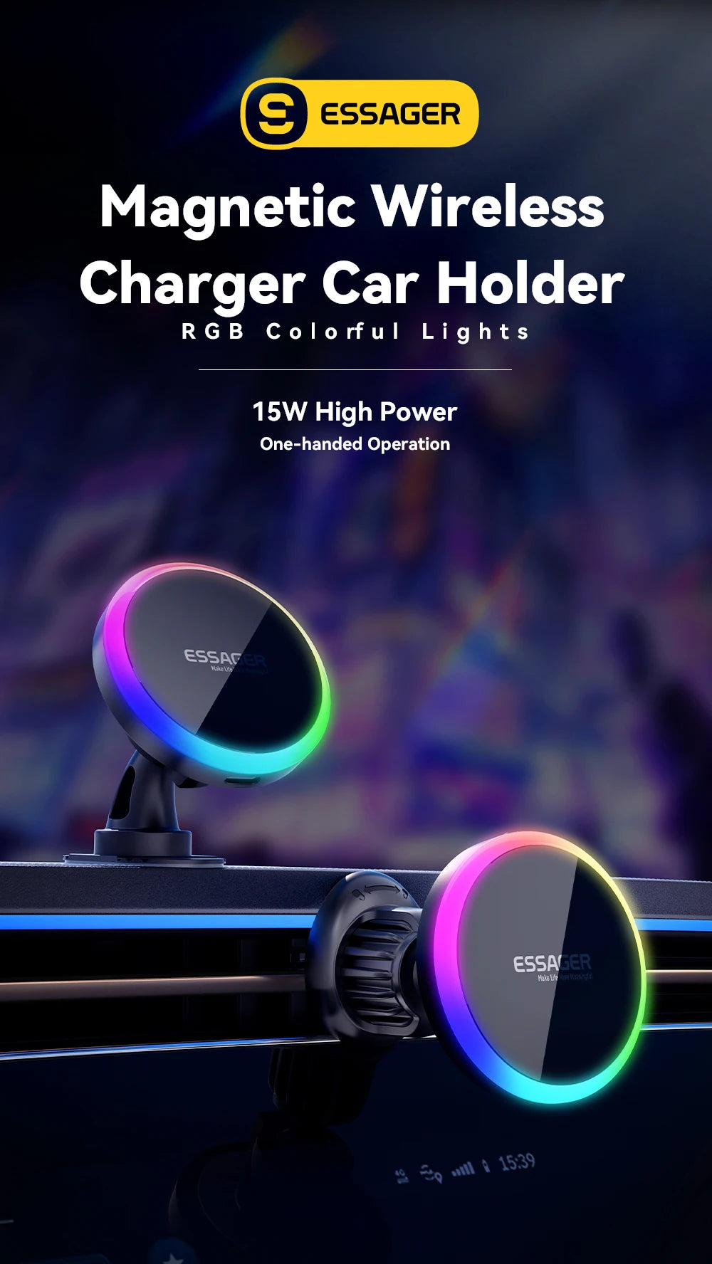 Essager RGB Magnetic Car Phone Holder Qi 15W Wireless Charger – Universal Phone Stand for Smartphones