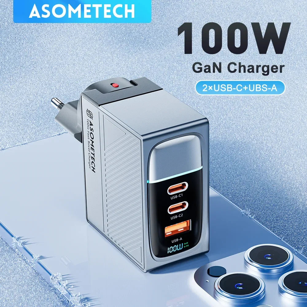 ASOMETECH 100W GaN Charger USB-C PD QC 4.0/3.0 Fast Charger for iPhone, Samsung, Xiaomi, MacBook, Tablets,  Smartphones, Laptops