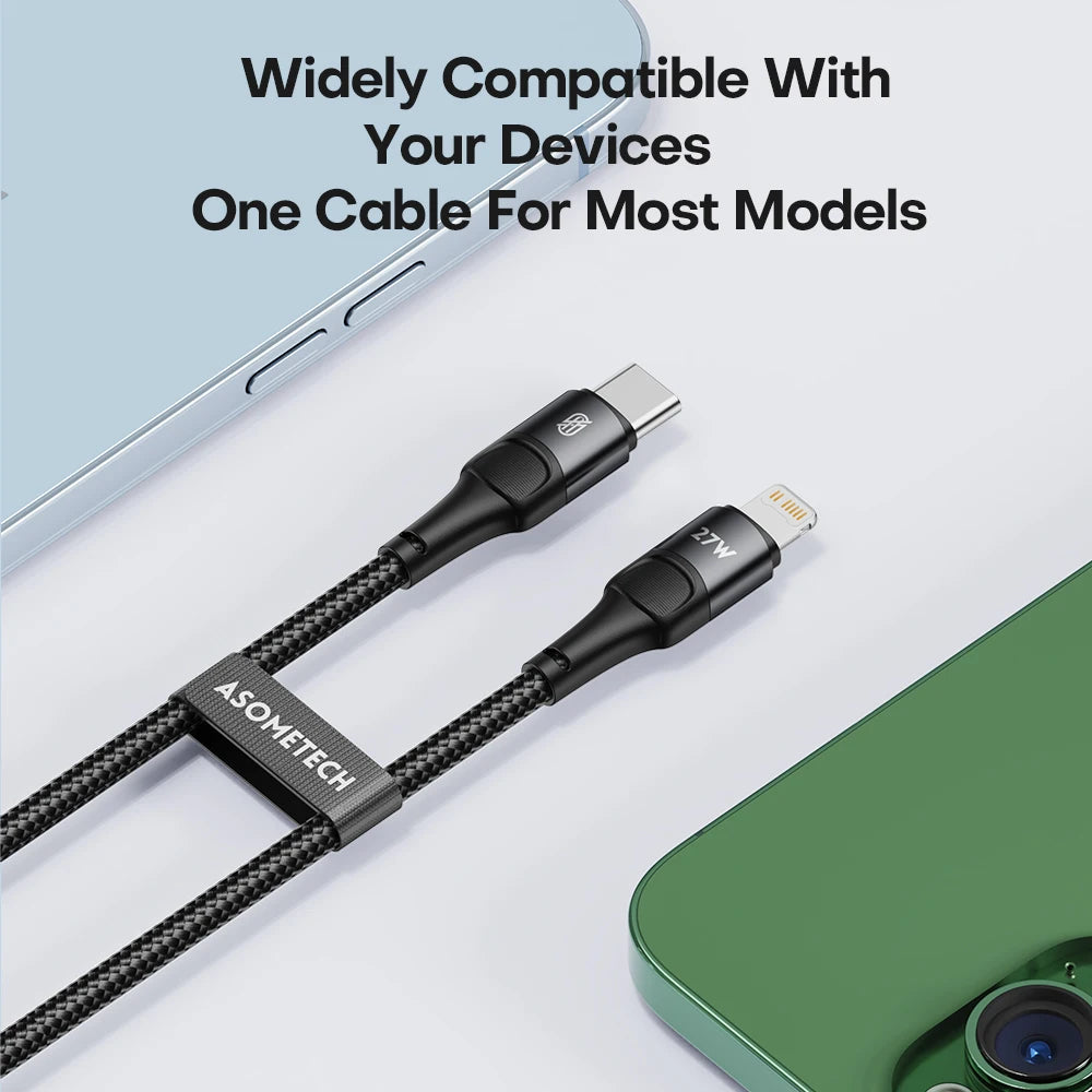 ASOMETECH 27W USB Cable for iPhone 14 13 12 11 Pro Max Xs X 8 Plus | Fast Charging Type-C to Lightning Cable for iPad & iPhone