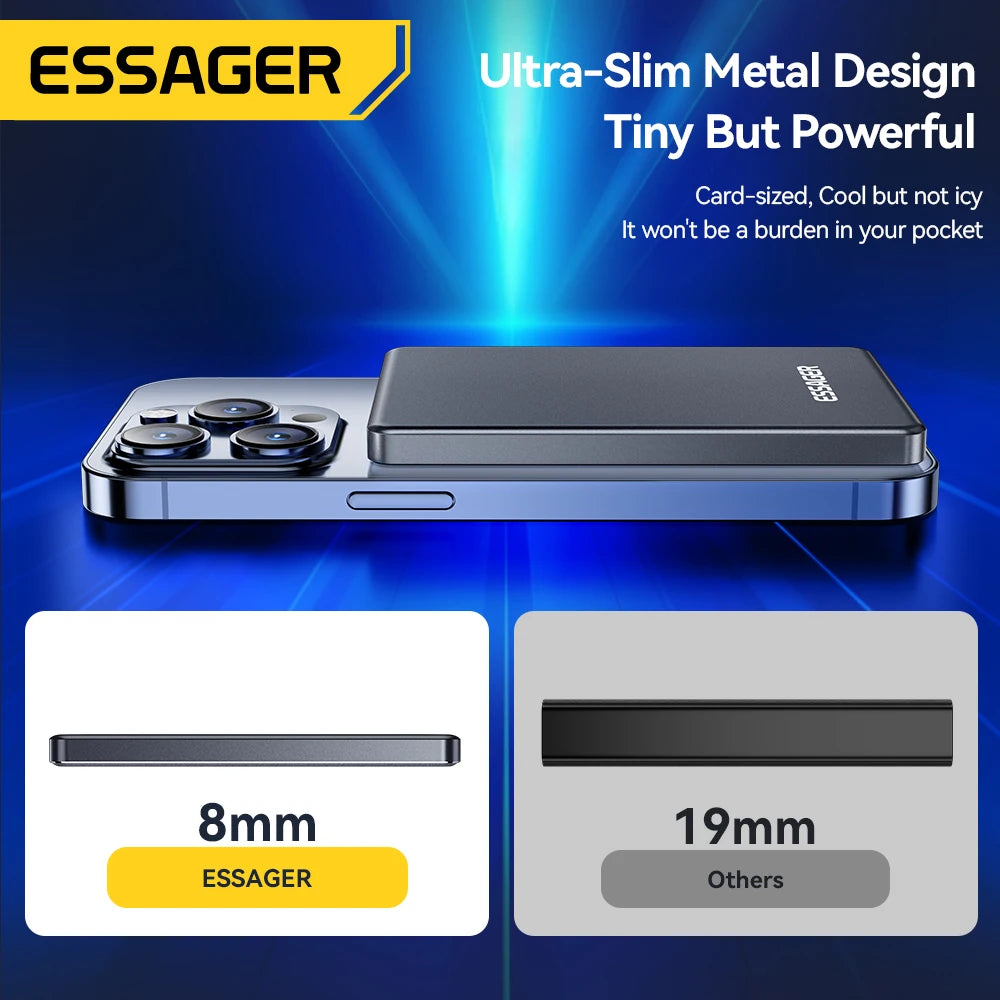 Essager Thin Magnetic 20W Wireless Power Bank: 5000mAh Portable Fast Charging External Battery for MagSafe, Compatible with iPhone 16/15/14/13/12