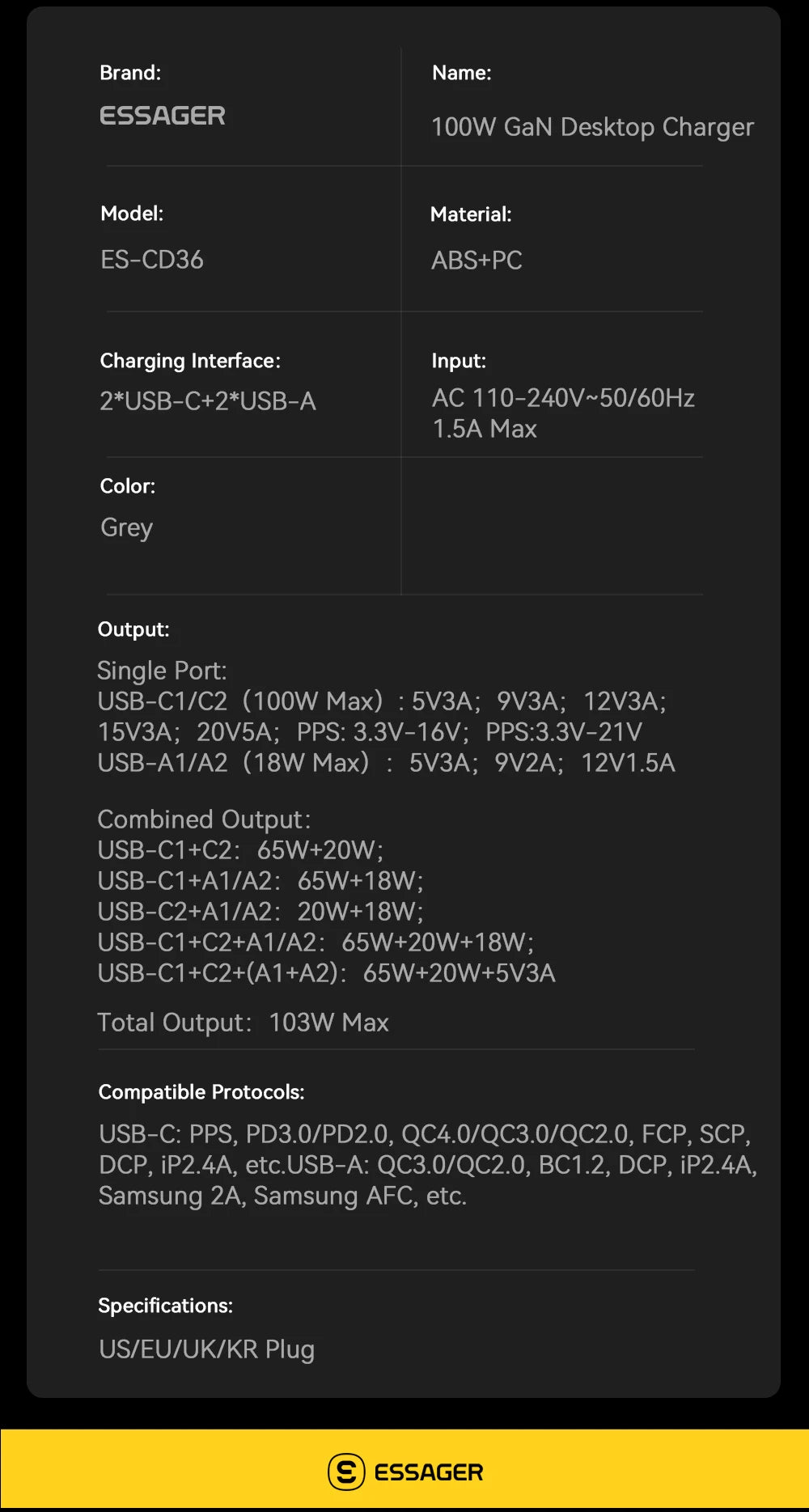 Essager 100W USB-C GaN Charger: Rapid Desktop Fast Charging with QC 4.0 & 3.0