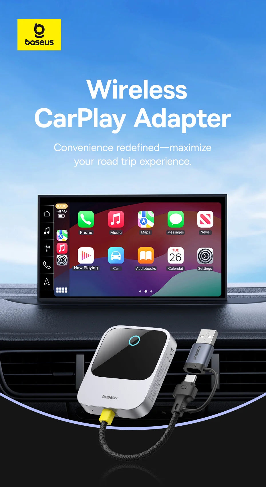 Baseus CarPlay Wireless Adapter - Smart CarPlay Box for IOS, Convert Wired to Wireless CarPlay, Plug & Play with Bluetooth & WiFi Connect Auto