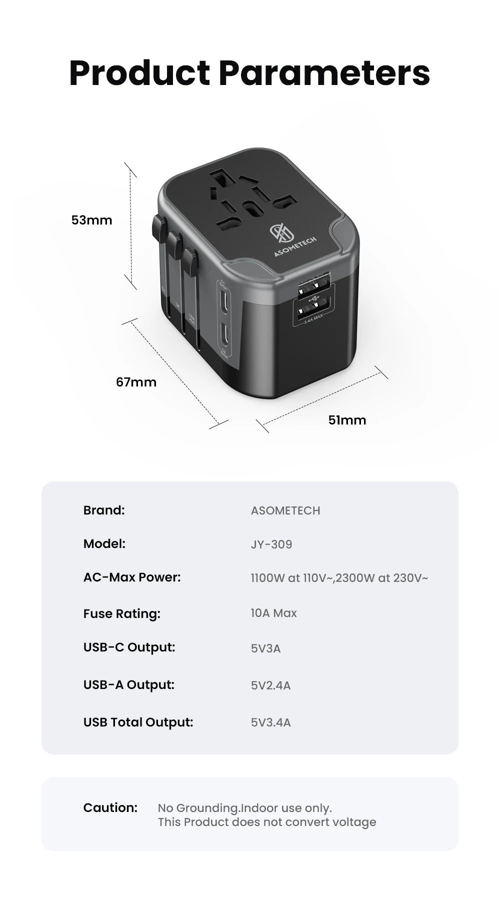 ASOMETECH 5-in-1 Universal Travel Adapter with 2 USB-C & 2 USB-A Ports, Worldwide Power Plug for USA, EU, UK, AUS