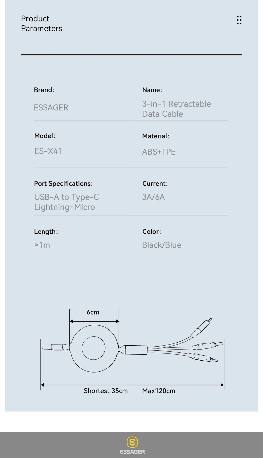 Essager Retractable 66W 3-in-1 USB Charge Cable – 6A Fast Charger Type-C Cable for Smartphones