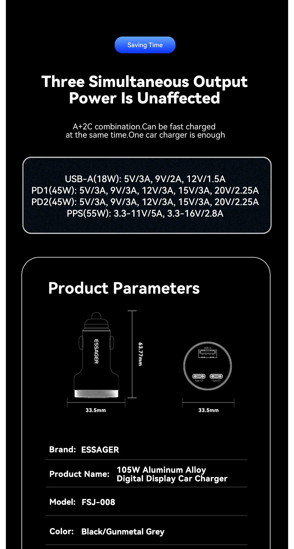 Essager 105W USB Car Charger Quick Charge 4.0 QC4.0 QC3.0 QC SCP PPS PD USB Type C Fast Charging