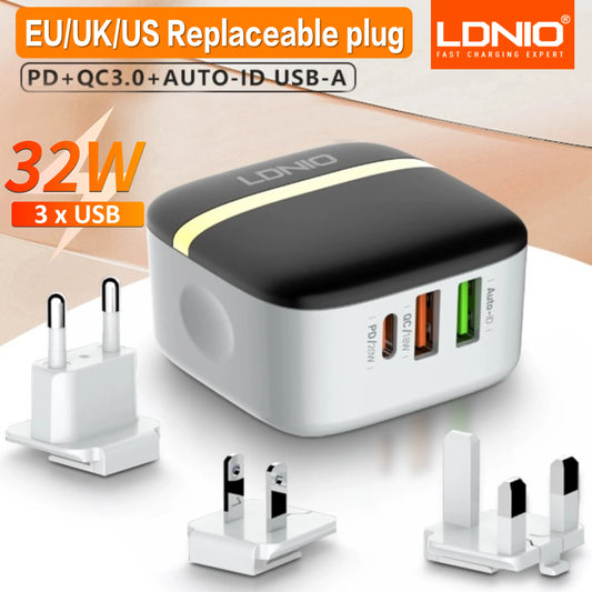 LDNIO 3 Port USB 32W Fast Charging PD QC 3.0 Wall Charger