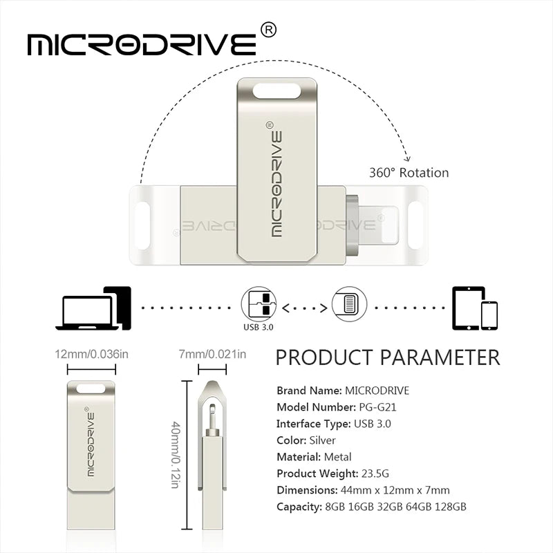 MicroDrive USB 3.0 Flash Drive for all iPhone  with Lightning USB/OTG 2 in 1 Drive for iOS External Storage