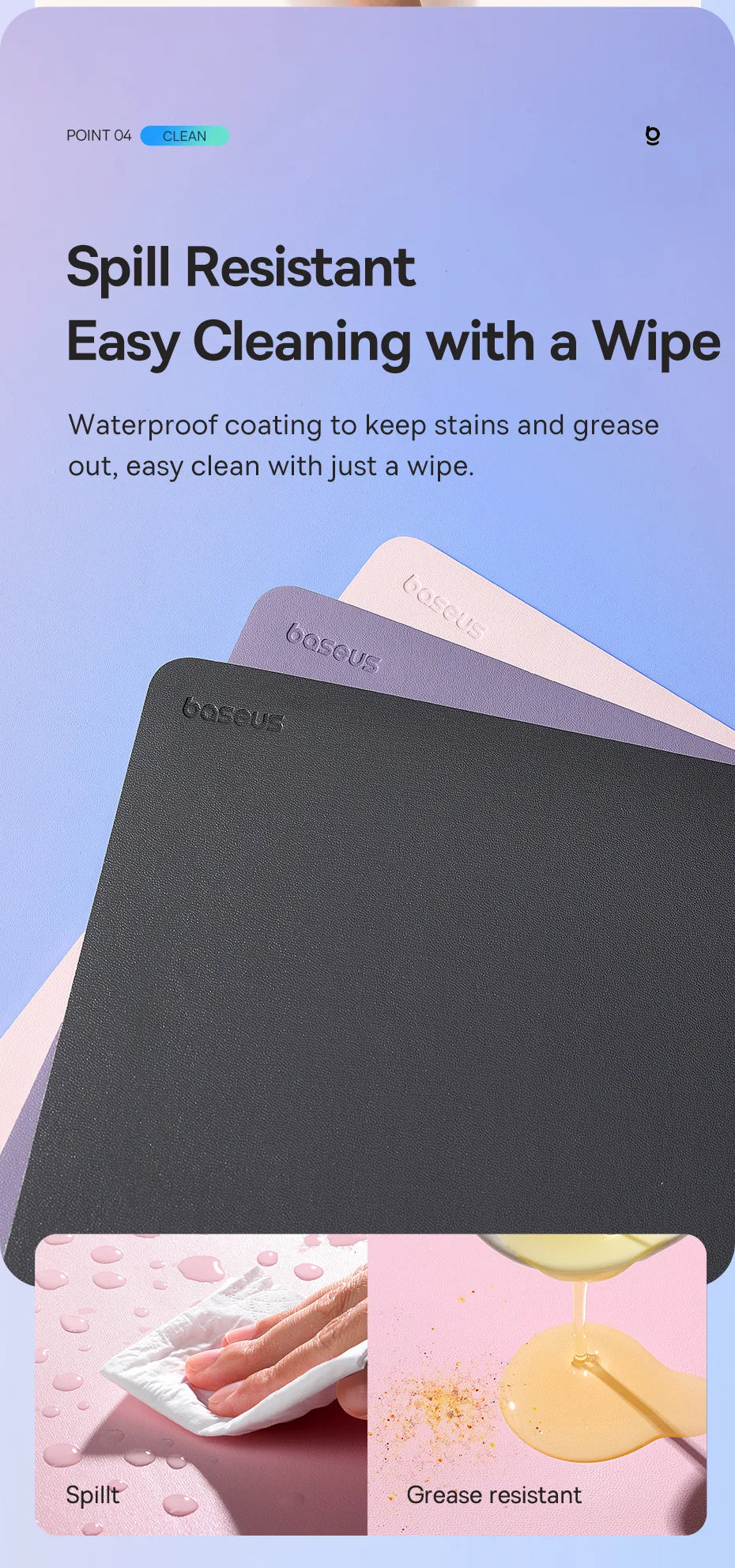 Baseus Colours PU Leather Mouse Mat, Anti-slip & Waterproof, 26x21cm Mouse Pad, Office & School Desk Accessories