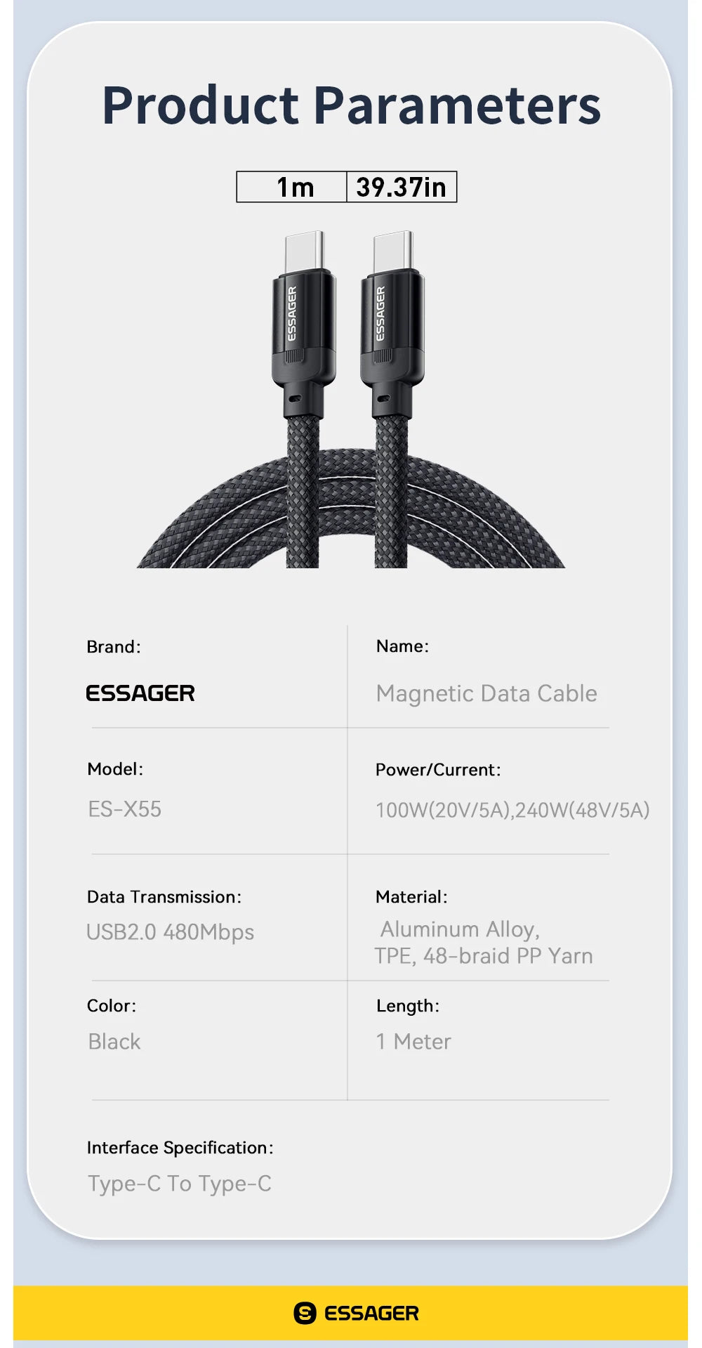 Essager Magnetic 240W USB-C to USB-C PD Fast Charging Cable for Smartphones, Tablets, Laptops, Power Banks  QC 4.0