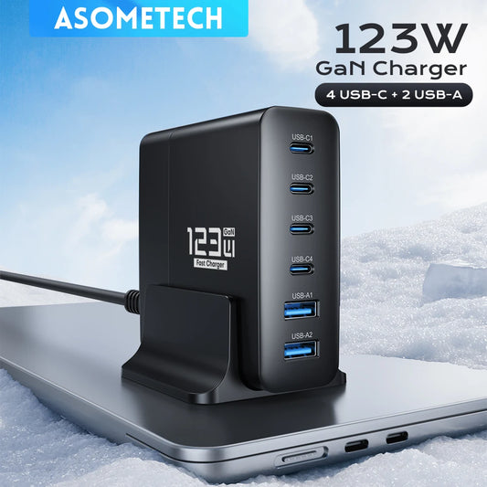 ASOMETECH 123W GaN Charger PD PPS USB Type C Fast Charger for MacBook, iPad, Tablets, Laptops, Quick Charge