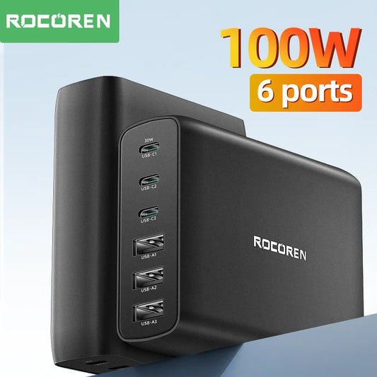 Rocoren 100W GaN USB-C Charger – PD Fast Charger, Quick Charge 4.0/3.0, Multi-Port Desktop Charging Station