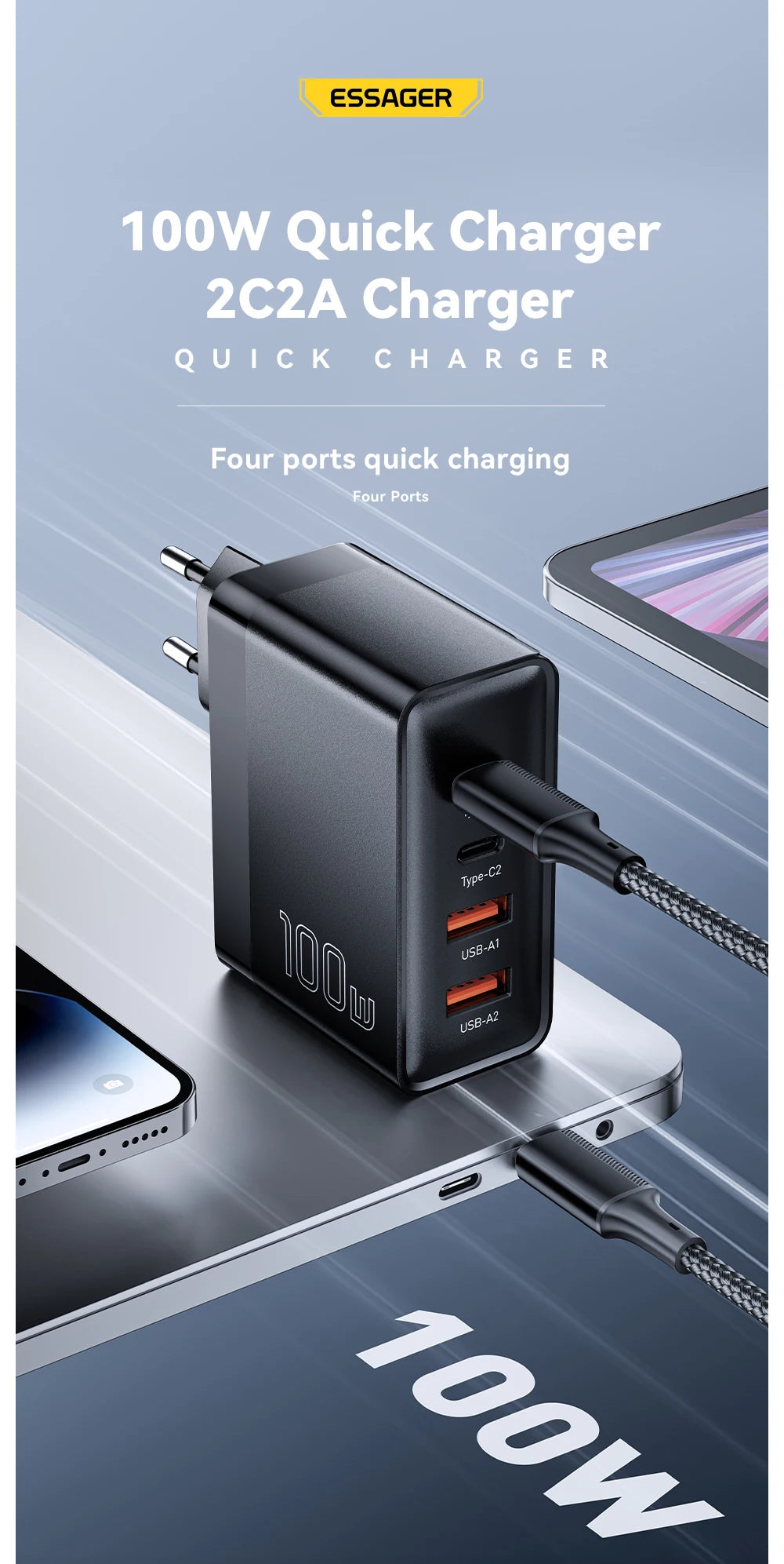 Essager 100W USB-C Charger: PD QC 4.0 & 3.0 Fast Charging for Laptops, Smartphones, Tablets