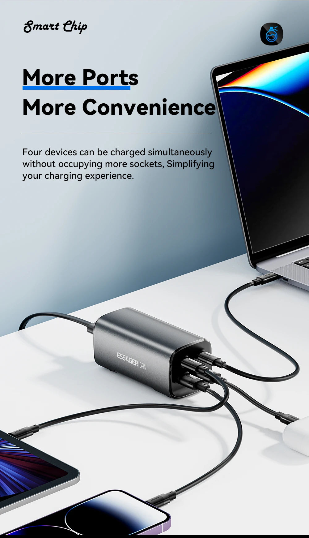 Essager 100W USB-C GaN Charger: Rapid Desktop Fast Charging with QC 4.0 & 3.0