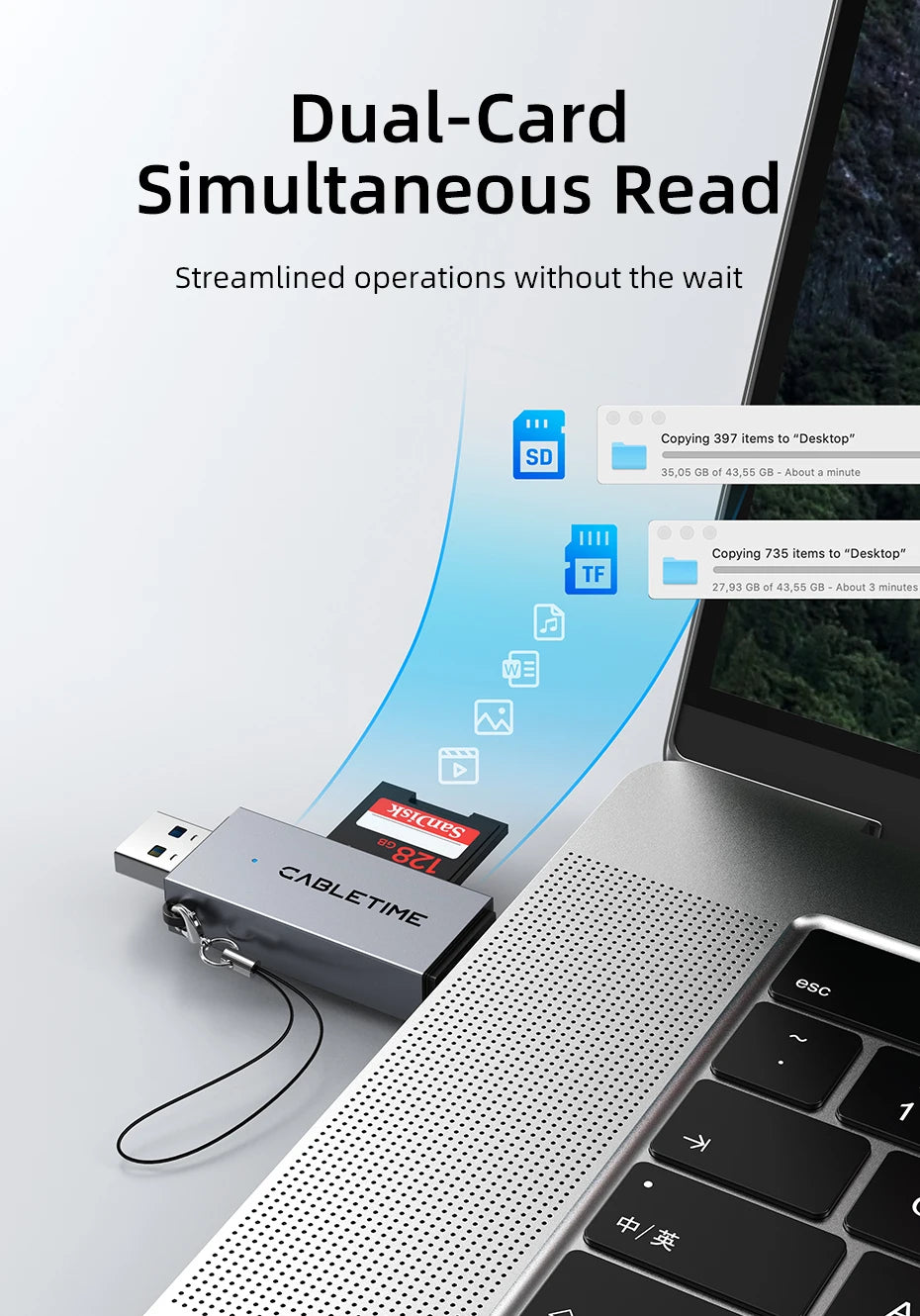 CABLETIME USB 3.0 Dual SD & Micro SD Card Reader with OTG Adapter for High-Speed Data Transfer