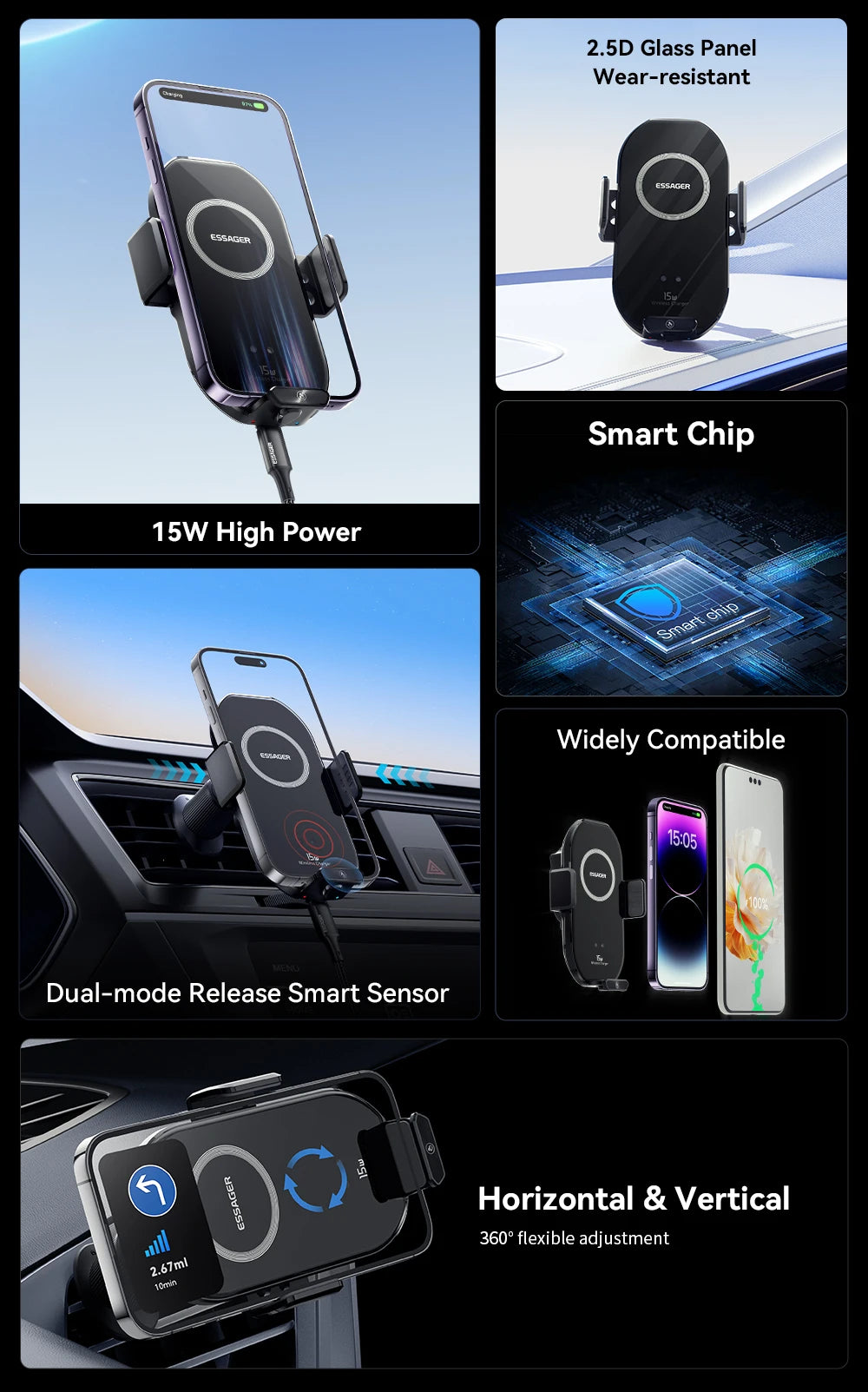 Essager 15W Qi Wireless Charger Car Phone Holder for Air Vent Mount Fast Charging for Smartphones