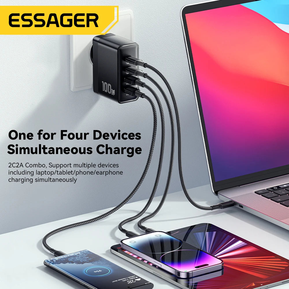 Essager 100W USB-C Charger: PD QC 4.0 & 3.0 Fast Charging for Laptops, Smartphones, Tablets