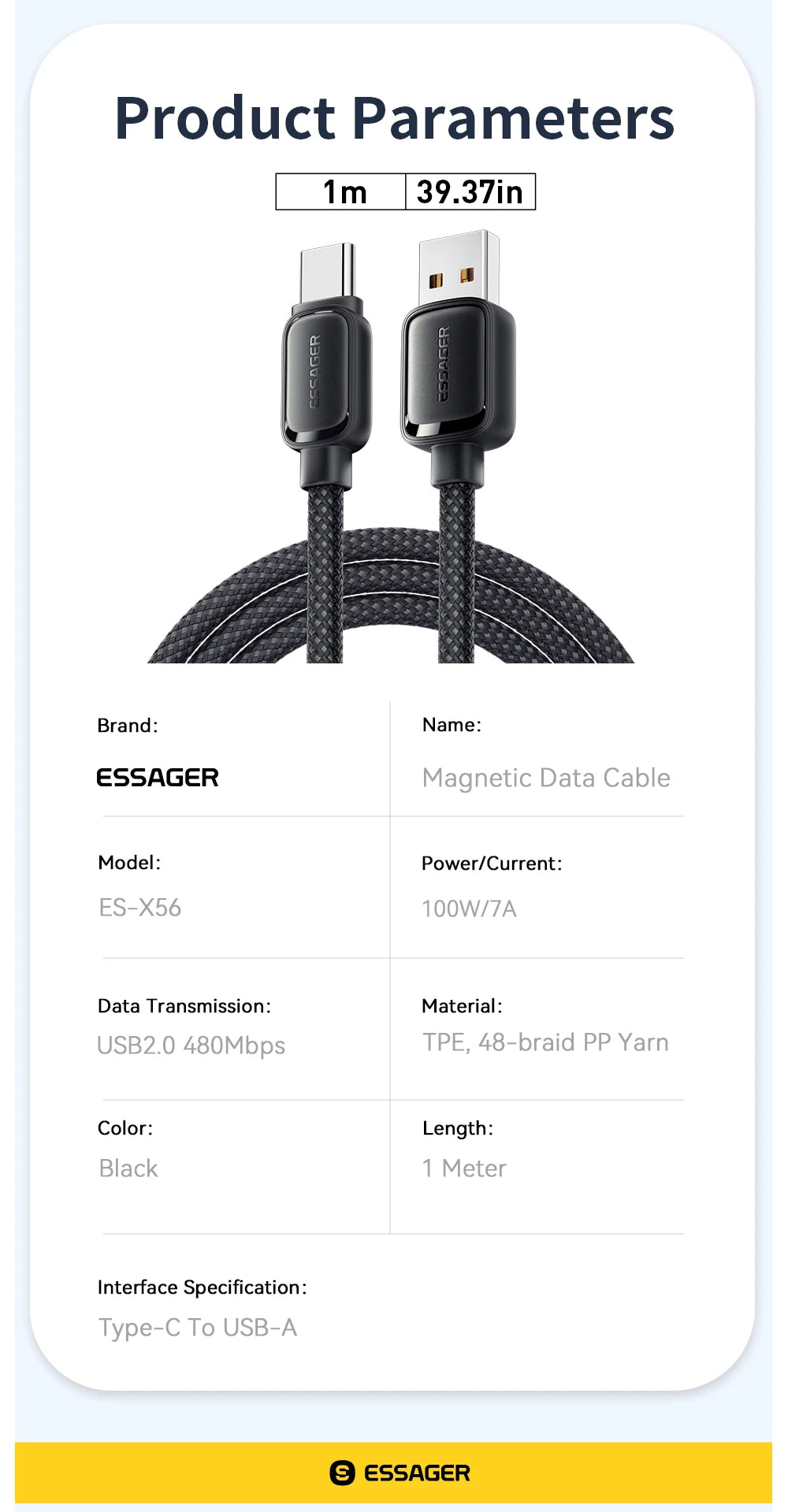 Essager 7A 100W USB Type-C Magnetic Fast Charging Data Cable